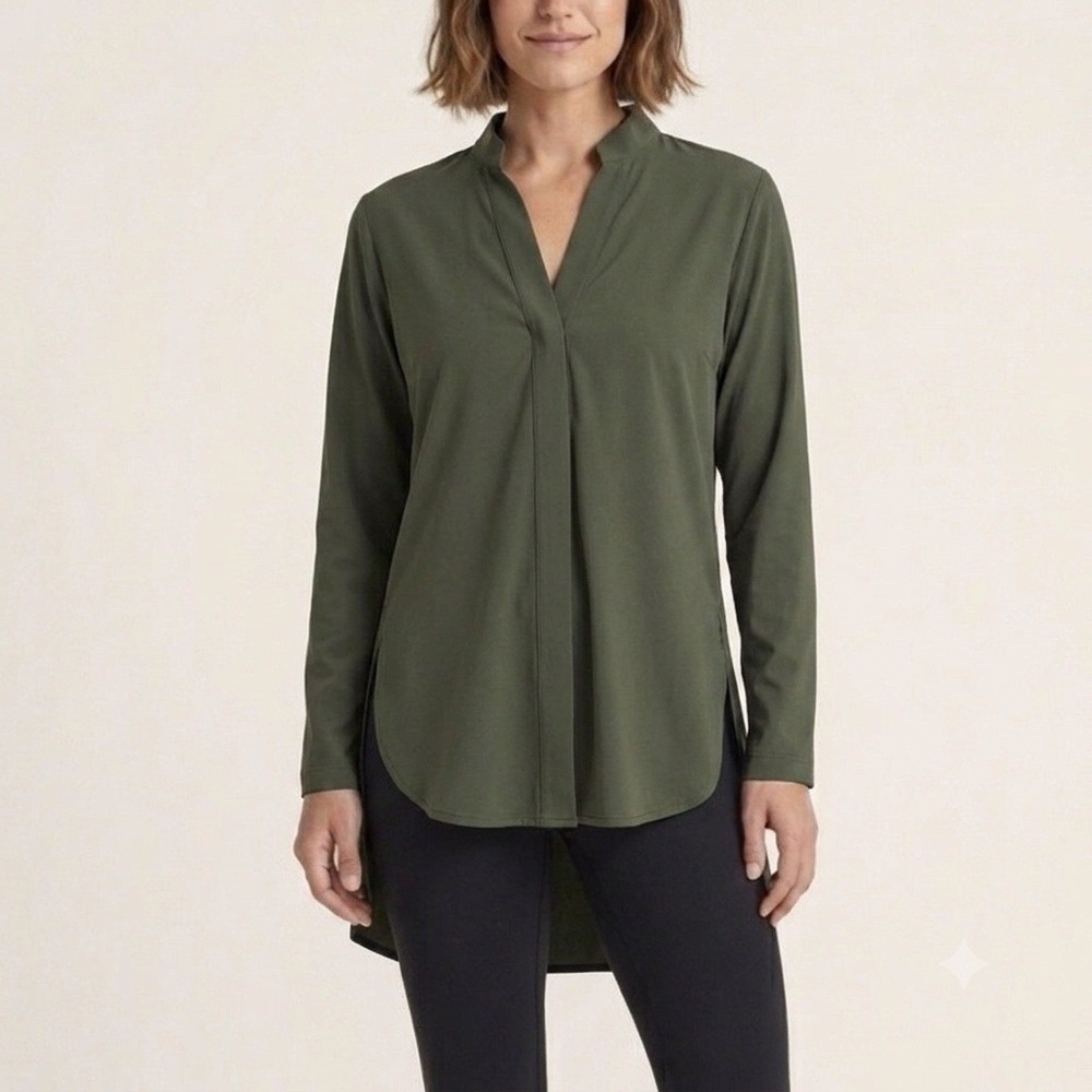 ADAY Something Borrowed Shirt Green-Gray Technical High-Low Long Sleeve Sz Small